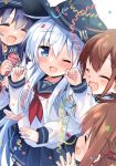  4girls akatsuki_(kantai_collection) anchor_symbol black_hair black_sailor_collar black_skirt blue_eyes brown_hair closed_eyes commentary_request confetti fang flat_cap hammer_and_sickle hat hibiki_(kantai_collection) highres hizuki_yayoi hug hug_from_behind ikazuchi_(kantai_collection) inazuma_(kantai_collection) kantai_collection long_hair multiple_girls neckerchief one_eye_closed party_popper pleated_skirt red_neckwear sailor_collar school_uniform serafuku short_hair silver_hair skin_fang skirt smile 