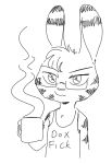 2020 ambiguous_gender anthro black_and_white chest_tuft clothed clothing coffee_mug ear_markings english_text eyewear facial_markings fuel_(artist) fur fur_markings glasses head_markings head_tuft holding_object jack_savage lagomorph leporid mammal markings monochrome rabbit shirt simple_background solo tank_top text topwear tuft white_background 