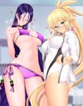  2girls artist_name ass bad_proportions bangs bikini blonde_hair blue_eyes blush breasts choker competition_swimsuit fate/grand_order fate_(series) glasses hair_between_eyes hand_up heart highres indoors jacket jeanne_d&#039;arc_(fate)_(all) jeanne_d&#039;arc_(swimsuit_archer) large_breasts long_hair looking_at_viewer minamoto_no_raikou_(fate/grand_order) minamoto_no_raikou_(swimsuit_lancer)_(fate) multiple_girls navel one-piece_swimsuit ponytail purple_bikini purple_eyes purple_hair side-tie_bikini swimsuit swimsuit_pull unadon very_long_hair whistle white_jacket white_swimsuit 