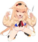  1girl bangs bikini blue_bikini blush breasts claw_pose collarbone fang girls_frontline hair_flaps juz light_brown_hair long_hair long_sleeves looking_at_viewer medium_breasts open_mouth red_eyes simple_background skin_fang solo swimsuit t65_(girls_frontline) tongue very_long_hair white_background 