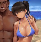  1boy 1girl 3: admiral_(kantai_collection) beach bikini black_eyes black_hair blue_bikini blue_nails blue_sky breasts cloud day expressionless halterneck highres horizon kaga_(kantai_collection) kantai_collection large_breasts looking_at_viewer macho_admiral_(wa_(genryusui)) muscle nail_polish ocean outdoors short_hair side_ponytail sky swimsuit tan tanline upper_body v wa_(genryusui) 