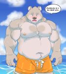  2020 anthro belly brown_nose bulge clothing hi_res jabuhusky jambavan male mammal moobs muscular muscular_male navel nipples outside overweight overweight_male solo swimwear tokyo_afterschool_summoners ursid video_games water 