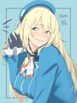  1girl ascot atago_(kantai_collection) beret black_gloves blonde_hair blue_background blue_headwear breasts dated gloves green_eyes hat highres kantai_collection large_breasts lips long_hair military military_uniform parted_lips shingyo smile solo uniform upper_body white_neckwear 