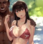  1boy 1girl :d akagi_(kantai_collection) arm_around_shoulder bangs bikini blurry blurry_background blush breasts brown_eyes brown_hair cleavage collarbone dappled_sunlight dark_skin dark_skinned_male depth_of_field highres kantai_collection large_breasts long_hair looking_at_viewer macho_admiral_(wa_(genryusui)) open_mouth outdoors playing_with_own_hair red_bikini shade smile sunlight swimsuit upper_body wa_(genryusui) 