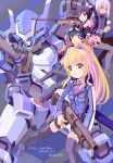  2boys 2girls adelina as-1_blaze_raven black_hair blonde_hair blue_eyes blue_hair brown_eyes clara_mao copyright_name dark_skin full_metal_panic! full_metal_panic!_another goggles goggles_on_head gun ichinose_tatsuya looking_up mecha multiple_boys multiple_girls on_shoulder rifle rudorufu shotgun sniper_rifle weapon white_hair yusuf_(full_metal_panic!_another) 