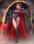  1girl breasts cleavage corruption crossed_legs dark_persona double_bun energy_sword galactic_empire highres large_breasts leebigtree leotard lightsaber open_mouth outstretched_arm princess_leia_organa_solo sith star_wars stormtrooper sword weapon yellow_eyes 