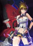  1girl ammunition breasts brown_eyes brown_hair cleavage emubi english_commentary fingerless_gloves gloves glowing glowing_eyes granvang hand_on_hip highres kisaragi_chitose looking_to_the_side mecha medium_breasts midriff navel red_eyes short_shorts shorts super_robot super_robot_wars super_robot_wars_v thigh_strap tied_hair 