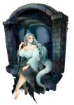  absurdres arch bare_shoulders barefoot breasts brick brown_eyes dark_souls hand_on_own_knee highres horns large_breasts looking_to_the_side nightmaresyrup priscilla_the_crossbreed scythe setz slit_pupils souls_(from_software) tail white_fur white_hair 