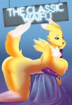  anthro armwear black_sclera blue_eyes bored breasts canid canine chest_tuft clothing digimon digimon_(species) elbow_gloves female fox fur genitals gloves handwear hi_res looking_at_viewer mammal neon nipples photoshoot pinup pose pussy raised_tail renamon solo tuft wiess yellow_body yellow_fur 