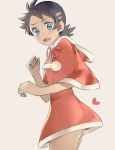  1boy bangs black_hair blue_eyes blush clenched_hand commentary_request cowboy_shot crossdressing dress gou_(pokemon) hair_ornament hairclip heart looking_at_viewer looking_to_the_side male_focus open_mouth pokemon pokemon_(anime) pokemon_swsh_(anime) red_dress red_ribbon ribbon short_hair simple_background solo sweatdrop tongue usatchi_(user_paxg7323) 