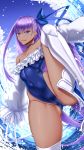  1girl :q absurdres alternate_skin_color ass_visible_through_thighs bangs bare_shoulders blue_bow blue_choker blue_eyes blue_ribbon blue_sky blue_swimsuit blush bow breasts choker closed_mouth cloud cloudy_sky collarbone covered_navel dark_skin day eyebrows_visible_through_hair eyelashes fate/grand_order fate_(series) frills greaves hair_between_eyes hair_ribbon half-closed_eyes highleg highleg_swimsuit highres knee_up leg_lift leg_up licking_lips long_hair long_sleeves looking_at_viewer meltryllis meltryllis_(swimsuit_lancer)_(fate) one-piece_swimsuit outdoors prosthesis prosthetic_leg purple_hair ribbon shuugetsu_karasu sidelocks sky sleeves_past_fingers sleeves_past_wrists small_breasts smile solo split standing standing_on_one_leg standing_split strapless strapless_swimsuit swimsuit thighs tongue tongue_out very_long_hair water water_drop waves 
