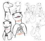  2020 anthro black_and_white_and_red blush bodily_fluids claws clothing crusch_lulu cute_fangs digitigrade eyelashes eyes_closed female flying_sweatdrops fuel_(artist) hi_res ineffective_clothing lizard lizardman markings mostly_nude open_mouth open_smile overlord_(series) red_eyes reptile scalie simple_background sitting smile standing sweat sweatdrop toe_claws tongue tongue_out tribal_markings white_background 