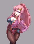  black_legwear blue_eyes breasts cleavage corruption crossed_legs dark_persona eyebrows_visible_through_hair from_above gundam gundam_seed gundam_seed_destiny hand_on_hip highres lacus_clyne large_breasts leebigtree licking_lips long_hair long_ponytail looking_up pantyhose pink_hair sidelocks thick_thighs thighs tied_hair tongue tongue_out v-shaped_eyebrows 