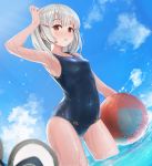  1girl animal_ears arm_up armpits ass_visible_through_thighs ball bangs beachball blue_sky blue_swimsuit blush breasts cloud collarbone commentary_request covered_navel day eyebrows_visible_through_hair fake_animal_ears granblue_fantasy hair_ornament hairclip headwear_removed highres holding holding_ball looking_at_viewer mouse_ears ocean old_school_swimsuit one-piece_swimsuit outdoors parted_lips red_eyes school_swimsuit short_hair silver_hair sky small_breasts solo standing sugawara_you swimsuit vikala_(granblue_fantasy) wading water wet 