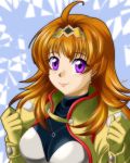  ahoge charlotte_hasting clenched_hands gloves hairband highres jewelry looking_at_viewer necklace negimura_kisara orange_hair purple_eyes signature super_robot_wars super_robot_wars_v yellow_gloves 