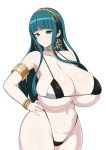  1girl absurdres armlet armpits bangs bare_shoulders bikini blunt_bangs blush bracelet breasts cleopatra_(fate/grand_order) closed_eyes closed_mouth collar collarbone earrings eyelashes eyeliner fate/grand_order fate_(series) green_eyes green_hair hairband hands_on_hips highres hoop huge_breasts jabara_tornado jewelry long_hair looking_at_viewer makeup micro_bikini navel shiny shiny_hair shiny_skin sidelocks simple_background skindentation smile solo swimsuit white_background 