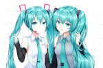  2girls aqua_eyes aqua_hair aqua_nails aqua_neckwear bare_shoulders black_sleeves chiutake_mina detached_sleeves dual_persona grey_shirt hair_ornament hands_up hatsune_miku hatsune_miku_(vocaloid4) headphones headset highres holding holding_hair long_hair looking_at_viewer multiple_girls nail_polish necktie open_mouth parted_lips shirt shoulder_tattoo side-by-side signature sleeveless sleeveless_shirt smile tattoo tie_clip twintails upper_body v4x very_long_hair vocaloid white_background white_shirt 