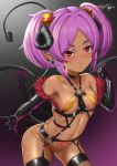  1girl bare_shoulders black_choker black_gloves black_legwear breasts choker collarbone commentary_request dark_skin dated demon_girl demon_horns demon_tail demon_wings eba_uenihane elbow_gloves fishnet_legwear fishnets gloves hair_ornament heart heart_choker highres horns leaning_forward long_hair looking_at_viewer navel open_mouth original pointy_ears pubic_tattoo purple_hair red_eyes shiny shiny_skin signature small_breasts solo succubus tail tattoo thighhighs twintails wings 