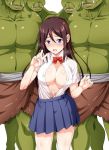  1girl 3boys after_paizuri areolae bare_arms behind_another belly blue_eyes blush bow bowtie breasts breath brown_hair buttons chest collared_shirt covered_nipples cum cum_on_body cum_on_breasts cum_on_upper_body fangs furrowed_eyebrows green_skin hair_between_eyes head_out_of_frame height_difference highres long_hair looking_at_viewer miniskirt multiple_boys navel open_clothes open_mouth open_shirt orc original parted_lips pleated_skirt pussy_juice school_uniform shiny shiny_hair shirt shirtless short_sleeves sidelocks simple_background skirt smile solo_focus standing stomach sweat tomokichi unbuttoned v white_background wing_collar 