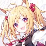  1girl :d ahoge animal_ears arknights blonde_hair hair_ribbon kurisu_tina long_hair looking_at_viewer open_mouth portrait red_eyes ribbon shirt smile solo sora_(arknights) twintails vest white_shirt wolf_ears zoom_layer 
