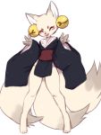  2018 anthro barefoot bell bottomless canine clothed clothing ear_piercing eye_markings eyes_closed female fluffy fluffy_tail fox fur japanese_clothing jealousjelly kimono mammal markings mehajiki miki_(jealousjelly) multi_tail obi open_mouth piercing simple_background smile solo standing white_background white_fur young 