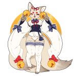  2018 anthro barefoot bell canine clothed clothing double_v_sign ear_piercing eye_markings eyes_closed female fluffy fluffy_tail fox fur hi_res japanese_clothing jealousjelly kimono legwear mammal markings mehajiki miki_(jealousjelly) multi_tail open_mouth panties paws piercing ribbons simple_background smile stockings underwear v_sign white_background white_fur 