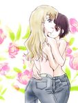  artist_request ass black_hair blonde_hair blue_eyes convenient_arm denim floral_background hug jeans lipstick long_hair looking_at_viewer makeup mireille_bouquet multiple_girls noir pants red_eyes red_lipstick short_hair smile topless yuri yuumura_kirika 