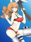  1girl animal_ears bangs bikini blue_background blue_eyes breasts brown_hair bunny_ears charlotte_e_yeager cleavage eyebrows_visible_through_hair floating grin gun holding holding_gun holding_weapon large_breasts long_hair looking_at_viewer machine_gun navel ngc20701 red_bikini smile solo strike_witches striker_unit swimsuit thumbs_up weapon weapon_request world_witches_series 