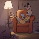  anthro barefoot biped book bottomless carrot chair clothed clothing computer detailed_background dipstick_ears disney enginetrap female food fur furniture grey_body grey_fur hi_res holding_book holding_food holding_object inside judy_hopps lagomorph lamp leporid light long_ears mammal multicolored_ears plant purple_eyes rabbit reading reclining shirt solo t-shirt topwear vegetable zootopia 