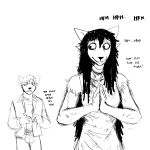  1:1 anthro black_hair canid canine canis clothing comic dialogue domestic_dog dress duo english_text female ghost_pupper hair hi_res hladilnik male mammal monochrome simple_background sketch text white_background wolf 