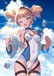  1girl ahoge bird blonde_hair blue_eyes breasts cloud covered_navel cowboy_shot earrings goggles goggles_on_head granblue_fantasy highres jewelry leotard one_eye_closed penguin pengy_(granblue_fantasy) rojione twintails 
