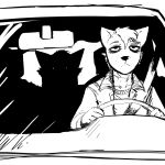  1:1 anthro black_and_white canid canine canis car clothing domestic_dog driving female ghost_pupper glowing glowing_eyes hi_res hladilnik male mammal monochrome shadow vehicle wolf 