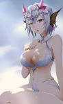  1girl :o bare_shoulders bikini blue_hair blue_lipstick breasts collarbone detached_collar earrings granblue_fantasy highres jewelry kneeling large_breasts lipstick macula_marius makeup navel nokifinal open_mouth purple_eyes solo swimsuit tiara 