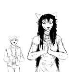 1:1 anthro black_hair canid canine canis clothing comic domestic_dog dress duo female ghost_pupper hair hi_res hladilnik male mammal monochrome simple_background sketch white_background wolf 