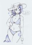  &lt;3 anthro anthrofied beverage big_breasts bikini blush bracelet breasts cleavage clothed clothing dialogue english_text equid equine friendship_is_magic hand_on_hip hi_res horn jewelry longinius mammal my_little_pony rarity_(mlp) simple_background swimwear text unicorn white_background wine_glass 