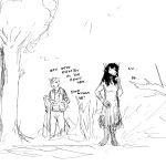  1:1 anthro black_hair canid canine canis clothing comic dialogue domestic_dog dress duo female forest ghost_pupper hair hi_res hladilnik male mammal monochrome police_tape sketch tree wolf 