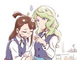  2girls blonde_hair blue_eyes blush brown_hair cake cleaning closed_eyes closed_mouth couple diana_cavendish food fruit kagari_atsuko little_witch_academia long_hair looking_at_another luna_nova_school_uniform multicolored_hair multiple_girls open_mouth sad school_uniform strawberry tonton_(mathcaca24) two-tone_hair uniform wavy_hair yuri 