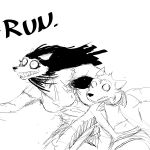  1:1 anthro black_hair canid canine canis comic dialogue domestic_dog duo english_text female ghost_pupper hair hi_res hladilnik male mammal monochrome running scared sharp_teeth simple_background teeth text white_background wolf 