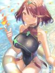  1girl bare_arms bare_shoulders beach black_swimsuit breasts chest_jewel covered_navel day fire from_above fujie-yz highres homura_(xenoblade_2) innertube large_breasts looking_at_viewer magic one-piece_swimsuit outdoors solo swimsuit water xenoblade_(series) xenoblade_2 
