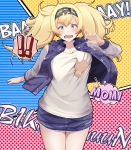  !! 1girl alternate_costume bangs befu blonde_hair blue_eyes blush breast_grab breasts camouflage camouflage_hairband denim denim_skirt gambier_bay_(kantai_collection) grabbing hairband highres jacket kantai_collection large_breasts long_hair long_sleeves open_mouth pantyhose shirt skirt tears twintails white_legwear white_shirt 