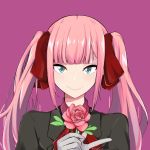  1girl alternate_hairstyle black_jacket commentary_request flower gloves green_eyes grey_gloves hair_ornament hair_scrunchie highres holding holding_flower jacket katou_asuka long_hair looking_at_viewer mochamillll pink_background pink_hair red_scrunchie rose scrunchie simple_background smile solo twintails upper_body watashi_ga_motenai_no_wa_dou_kangaetemo_omaera_ga_warui! 