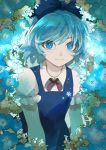  1girl bangs blue_bow blue_dress blue_eyes blue_flower blue_hair blue_theme bow cirno collared_shirt commentary_request dress flower glowing glowing_flower hair_bow highres ice joniko1110 looking_at_viewer pale_skin pinafore_dress puffy_short_sleeves puffy_sleeves red_neckwear red_ribbon ribbon shiny shiny_hair shirt short_hair short_sleeves smile snowflakes solo touhou upper_body white_flower white_shirt wing_collar 