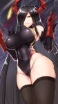  1girl :d absurdres azur_lane bangs bare_shoulders baton_(instrument) black_hair black_legwear black_swimsuit breasts cannon competition_swimsuit covered_navel cowboy_shot eyebrows_visible_through_hair fanbox_reward friedrich_der_grosse_(azur_lane) fur-trimmed_gloves fur_trim gloves groin hair_over_one_eye hands_up highleg highleg_swimsuit highres holding horns impossible_clothes large_breasts legs_together long_hair looking_at_viewer mechanical_horns one-piece_swimsuit open_mouth paid_reward parted_lips red_gloves red_horns rigging shiny_swimsuit shuugetsu_karasu sidelocks skindentation smile solo standing swimsuit teeth thighhighs very_long_hair world_of_warships yellow_eyes 