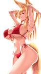  1girl :o absurdres animal_ear_fluff animal_ears armpits arms_behind_head arms_up bangs bare_shoulders bikini blonde_hair blurry blurry_background breasts cleavage collarbone contrapposto covered_nipples cowboy_shot eyebrows_visible_through_hair fanbox_reward fox_ears from_side front-tie_bikini front-tie_top groin hair_between_eyes hair_bobbles hair_intakes hair_ornament half-closed_eyes halter_top halterneck highleg highleg_bikini highres huge_breasts large_breasts long_hair looking_at_viewer midriff navel open_mouth original outdoors paid_reward purple_eyes red_bikini shuugetsu_karasu side-tie_bikini sidelocks solo standing stomach swimsuit thighs transparent_background underboob very_long_hair wading wet white_bikini 
