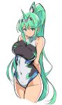  1girl absurdres bangs bare_arms bare_shoulders breasts covered_navel cowboy_shot earrings green_eyes green_hair highres jewelry large_breasts long_hair long_ponytail looking_at_viewer one-piece_swimsuit pneuma_(xenoblade_2) ponytail simple_background smile solo swept_bangs swimsuit tiara very_long_hair white_background xenoblade_(series) xenoblade_2 yuuuun0218 