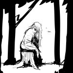  1:1 ambiguous_species anthro black_and_white comic dialogue english_text female forest hi_res hladilnik monochrome shadow sitting solo text tree tree_stump 