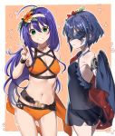  2girls ahoge ass back bare_shoulders blue_hair blue_swimsuit blush bracelet braid breasts butt_crack cape closed_mouth commentary_request crown_braid eyebrows_visible_through_hair fire_emblem fire_emblem:_radiant_dawn fire_emblem_awakening fire_emblem_heroes flower green_eyes hair_between_eyes hair_flower hair_ornament haru_(nakajou-28) headband highres jewelry long_hair looking_at_viewer lucina_(fire_emblem) marth_(fire_emblem_awakening) mask masked mia_(fire_emblem) multiple_girls navel orange_flower orange_swimsuit purple_hair red_flower short_hair smile stomach swimsuit 