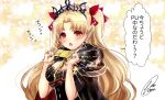  1girl bangs between_breasts black_cape black_dress blonde_hair blush bow breasts cape chiachun0621 detached_collar dress earrings ereshkigal_(fate/grand_order) fate/grand_order fate_(series) fur-trimmed_cape fur_trim gold_trim hair_bow highres hoop_earrings infinity jewelry large_breasts long_hair looking_at_viewer necklace open_mouth parted_bangs red_bow red_eyes shiny skull speech_bubble spine summon_ticket tiara translation_request two_side_up 