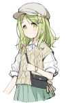  1girl bag bangs blush bow braid cabbie_hat closed_mouth collared_shirt dress_shirt eyebrows_visible_through_hair green_eyes green_hair green_skirt grey_headwear hair_bow hat long_hair meito_(maze) morinaka_kazaki nijisanji pink_bow pleated_skirt shirt shoulder_bag side_braid simple_background single_braid skirt smile solo sweater_vest virtual_youtuber watch white_background white_shirt wristwatch 