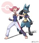  1girl artist_name bandaid bandaid_on_arm bandaid_on_nose barefoot bodysuit breasts clenched_hands commentary_request covered_navel eyelashes feet fighting_stance fingerless_gloves gen_4_pokemon gloves grey_pants highres kiaki_hiqagi legs_apart lucario open_mouth pants pink_hair poke_ball_symbol pokemon pokemon_(creature) pokemon_(game) pokemon_dppt shiny shiny_hair standing sumomo_(pokemon) teeth toes tongue upper_teeth watermark white_background 